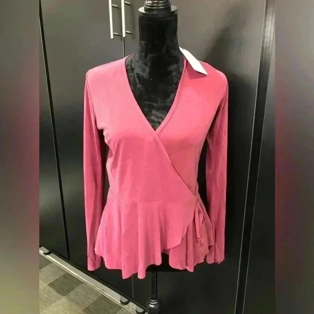 BOBI Cross Front Long Sleeve V-neck, Ruffle hemline Top/Blouse - wine - S
